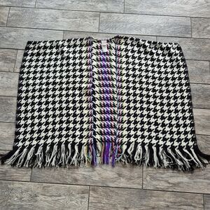 Chico's Black White Houndstooth Ruana Wrap Poncho Colorful Stripe Fringe Onesize